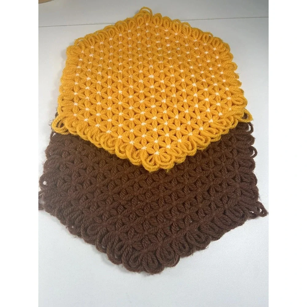 Vintage 80's 90's Placemats Bright Yellow And‎ Brown Handmade Crochet Hotpads